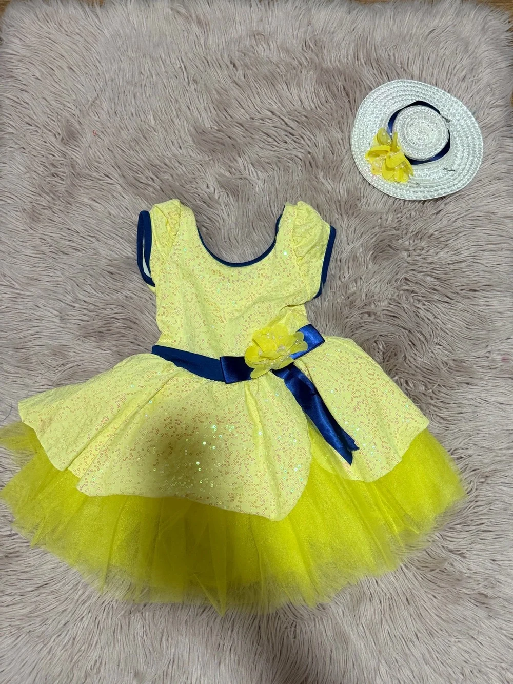 Yellow and Navy dance weissman Tulle with Matching Hat